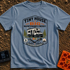 Big Maintenance Energy - T-Shirt in Blue Jean - A badge-style design showing an off-road truck camper parked among pine...