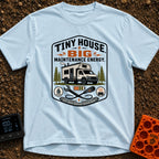 Big Maintenance Energy - T-Shirt in Chambray - A badge-style design showing an off-road truck camper parked among pine...