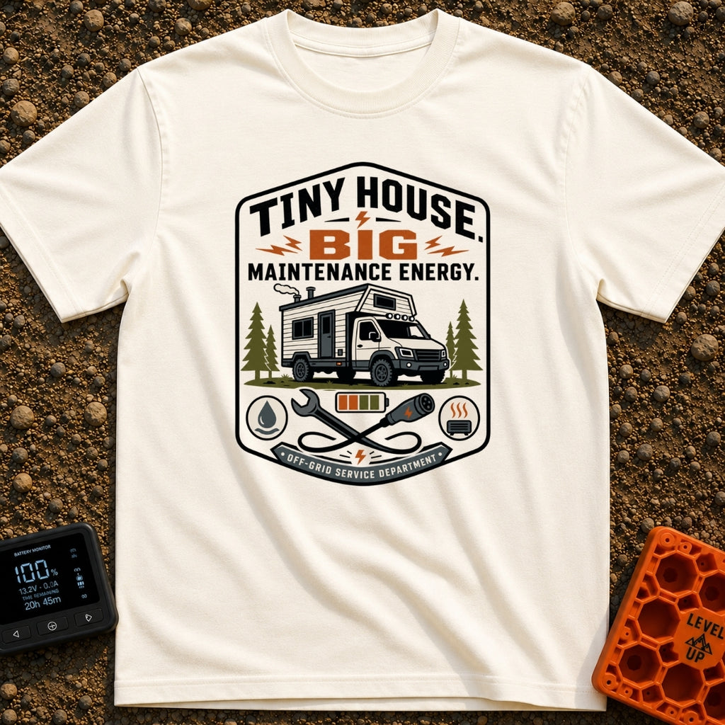 Big Maintenance Energy - T-Shirt in Ivory - A badge-style design showing an off-road truck camper parked among pine trees...