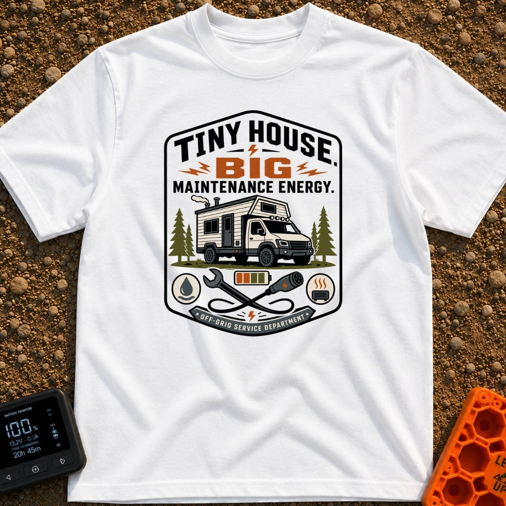 Big Maintenance Energy - T-Shirt in White - A badge-style design showing an off-road truck camper parked among pine trees...