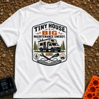 Big Maintenance Energy - T-Shirt in White - A badge-style design showing an off-road truck camper parked among pine trees...