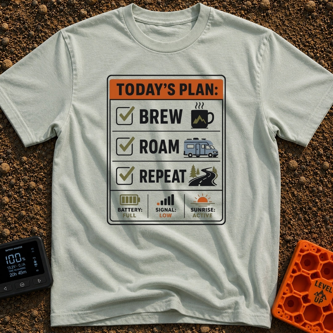 Brew Roam Repeat - T-Shirt in Bay - A graphic styled like a checklist titled "TODAY'S PLAN:" with checked boxes for...