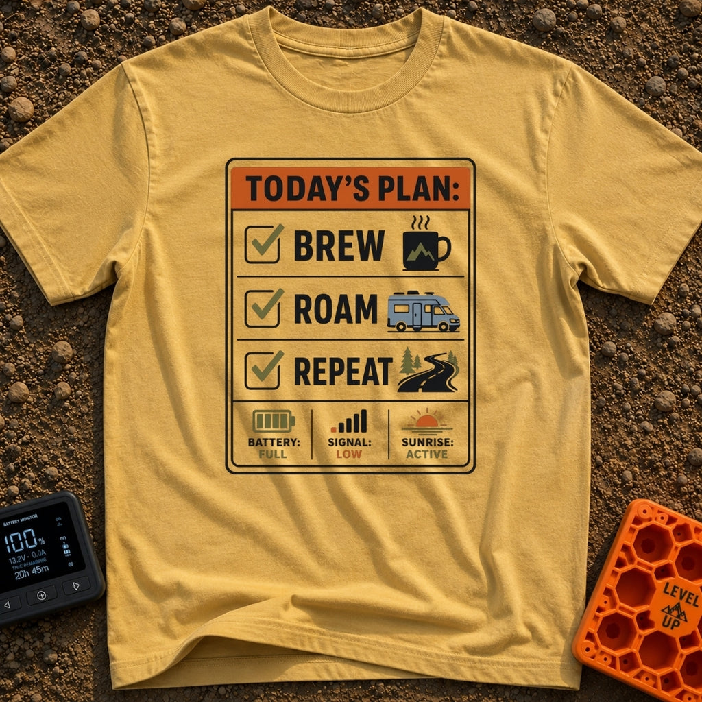 Brew Roam Repeat - T-Shirt in Mustard - A graphic styled like a checklist titled "TODAY'S PLAN:" with checked boxes for...