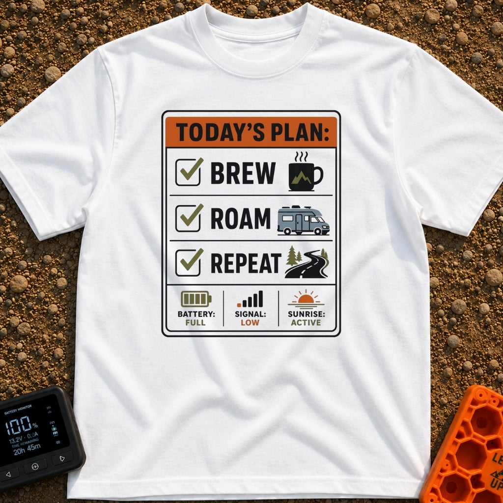 Brew Roam Repeat - T-Shirt in White - A graphic styled like a checklist titled "TODAY'S PLAN:" with checked boxes for...