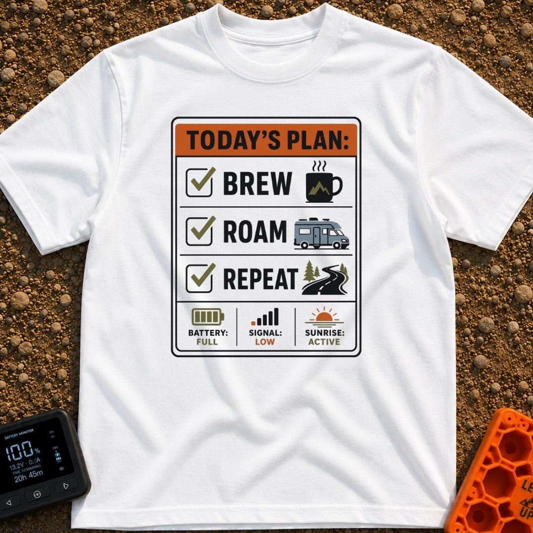 Brew Roam Repeat - T-Shirt in White - A graphic styled like a checklist titled "TODAY'S PLAN:" with checked boxes for...