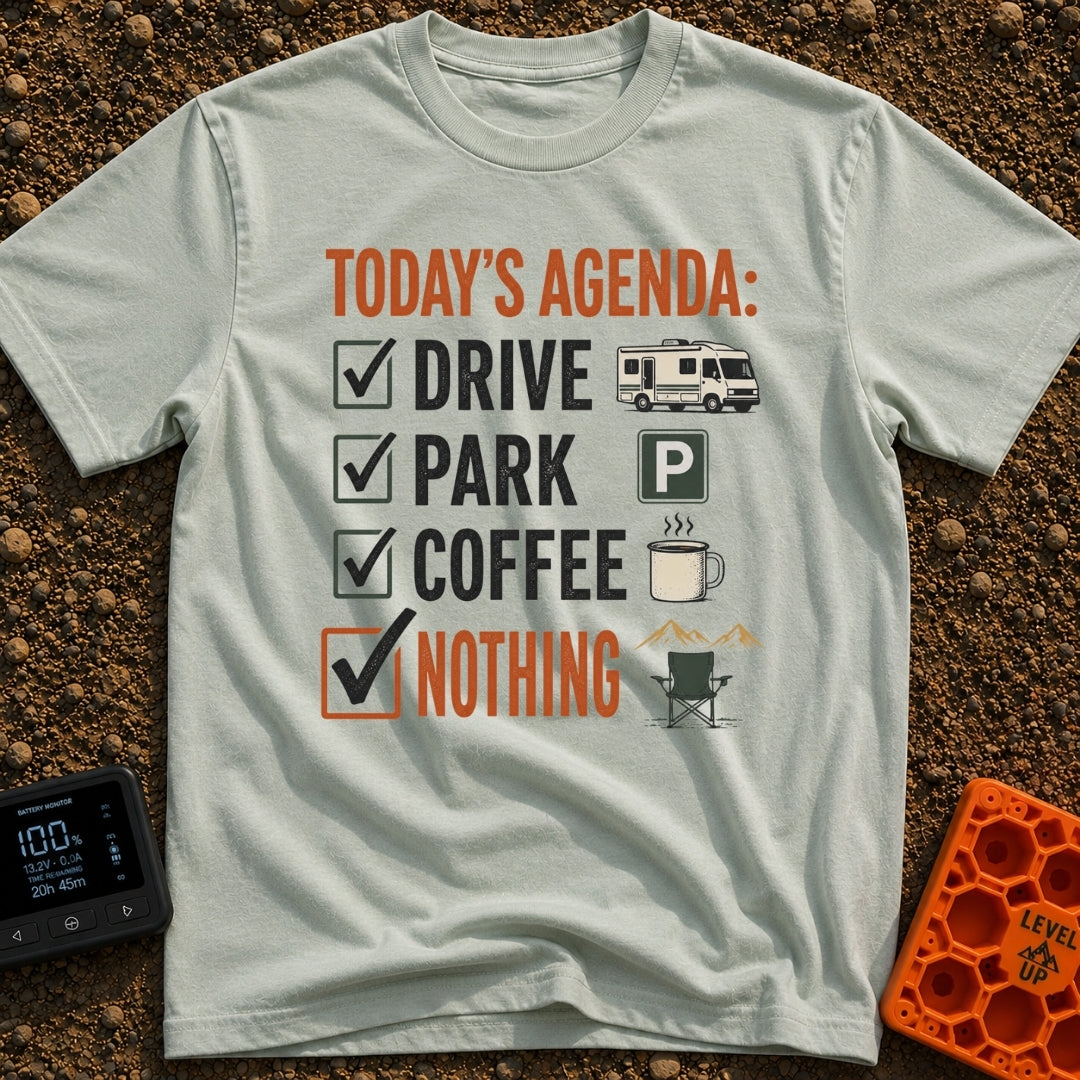 Drive Park Do Nothing - T-Shirt in Bay - The design features a checklist titled 'TODAY'S AGENDA:' with four checked...