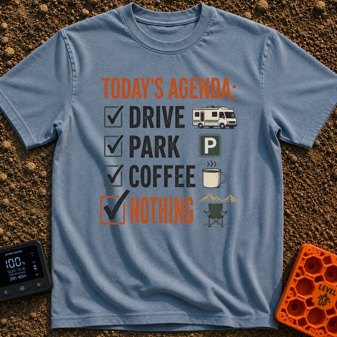 Drive Park Do Nothing - T-Shirt in Blue Jean - The design features a checklist titled 'TODAY'S AGENDA:' with four checked...