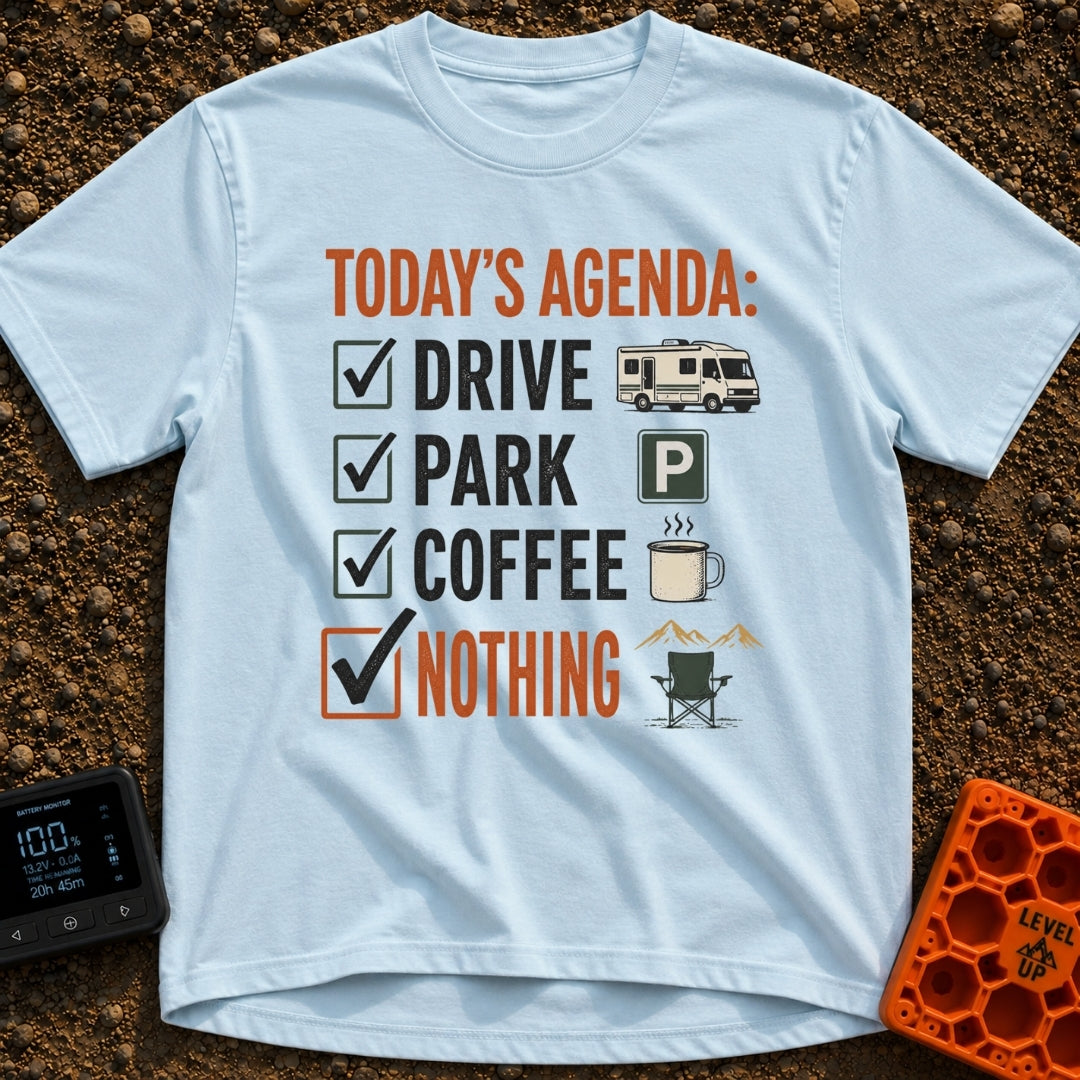Drive Park Do Nothing - T-Shirt in Chambray - The design features a checklist titled 'TODAY'S AGENDA:' with four checked...