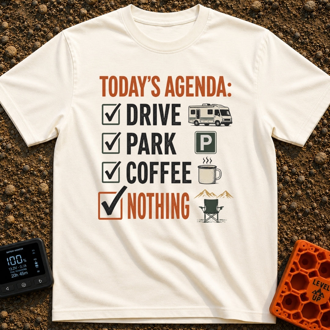 Drive Park Do Nothing - T-Shirt in Ivory - The design features a checklist titled 'TODAY'S AGENDA:' with four checked...
