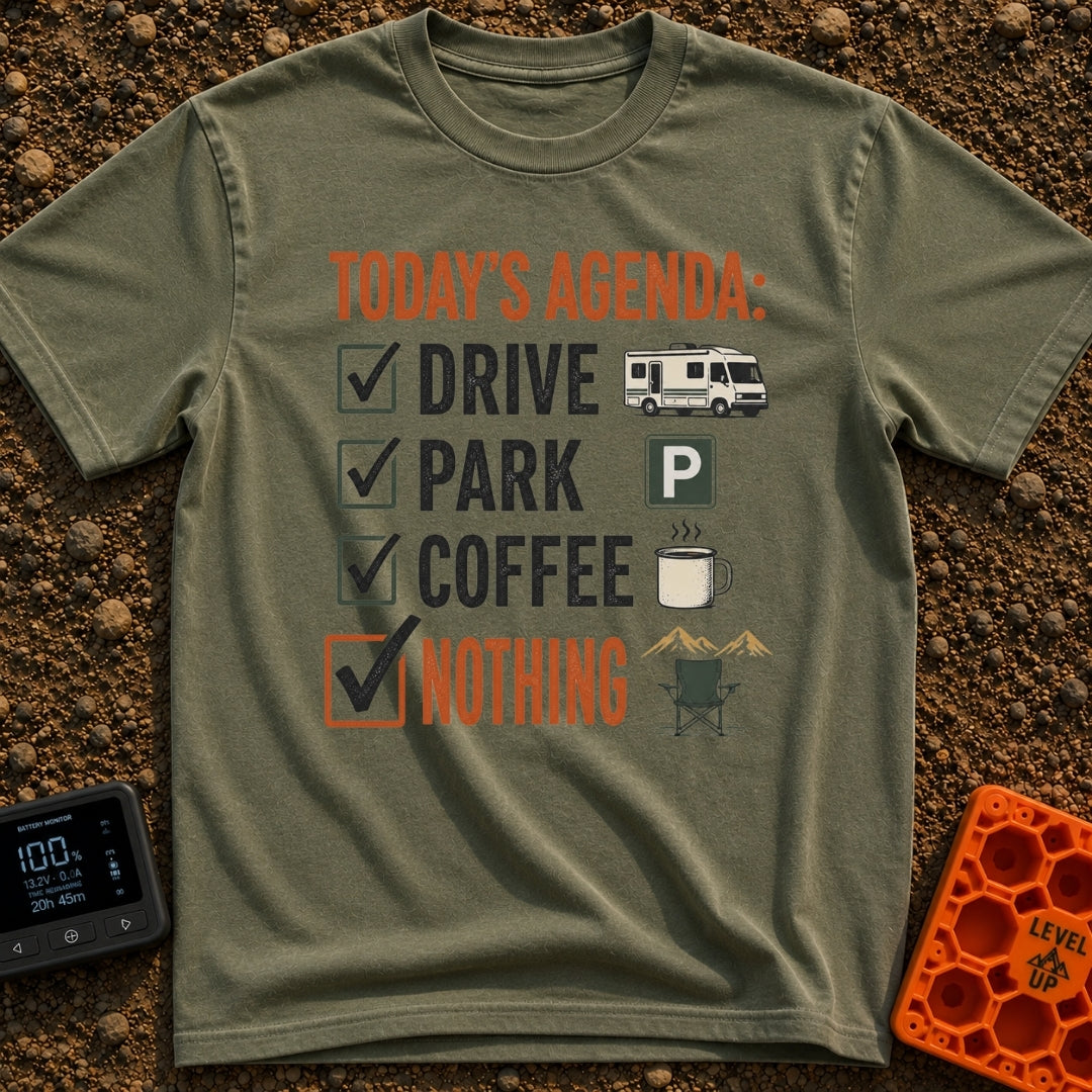 Drive Park Do Nothing - T-Shirt in Moss - The design features a checklist titled 'TODAY'S AGENDA:' with four checked...