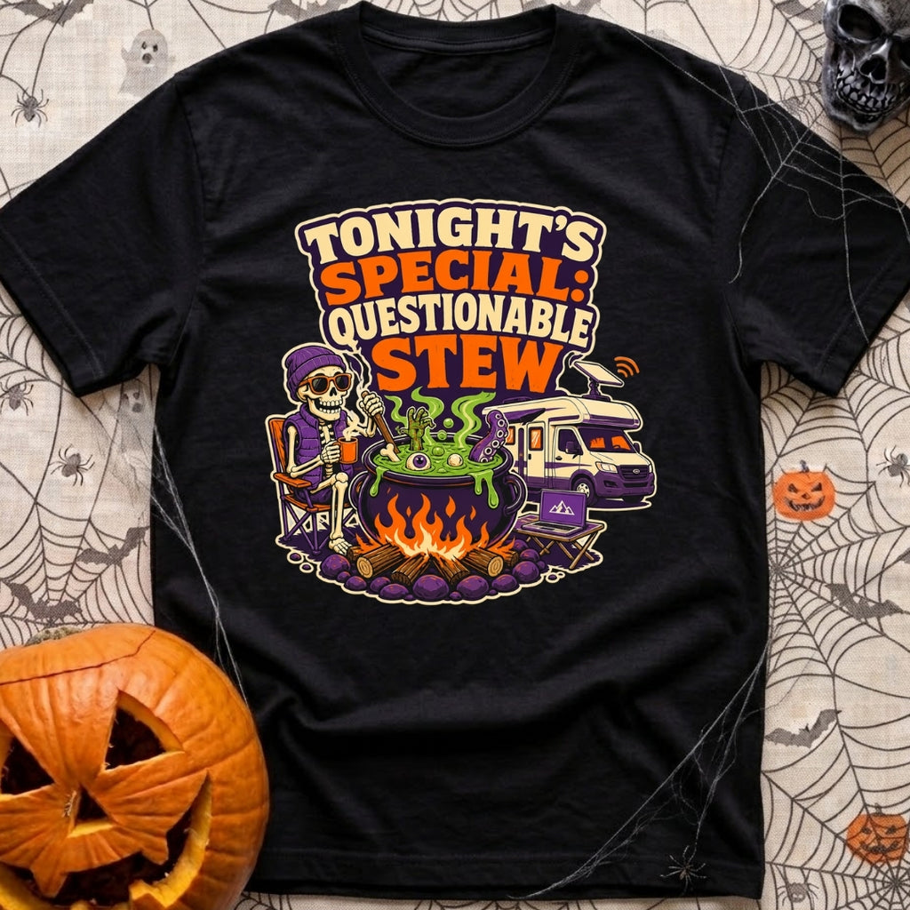 Tonights Questionable Stew - T-Shirt in Black - A cartoon skeleton wearing a beanie and vest sits in a camp chair holding...
