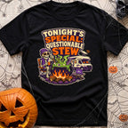 Tonights Questionable Stew - T-Shirt in Black - A cartoon skeleton wearing a beanie and vest sits in a camp chair holding...
