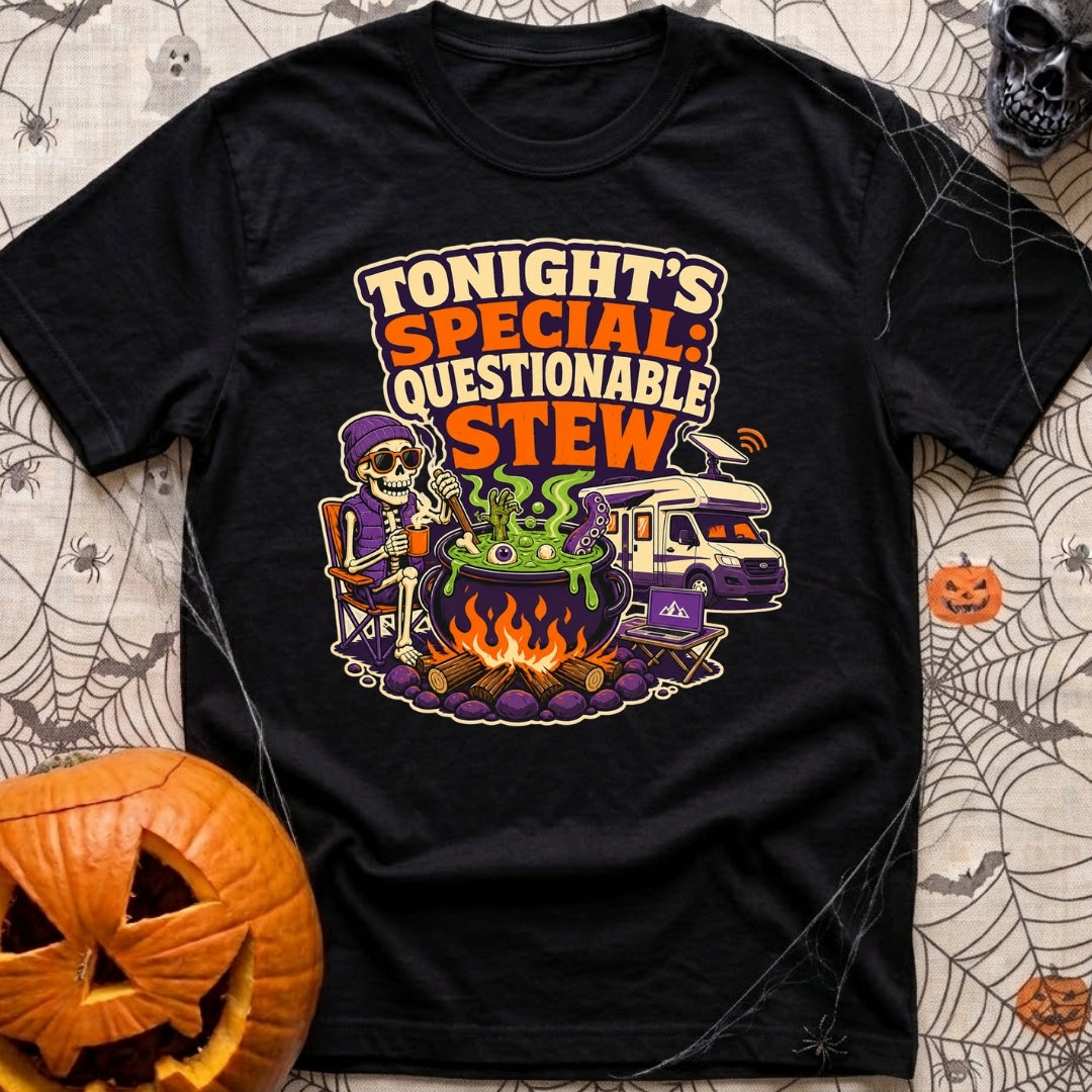 Tonights Questionable Stew - T-Shirt in Black - A cartoon skeleton wearing a beanie and vest sits in a camp chair holding...