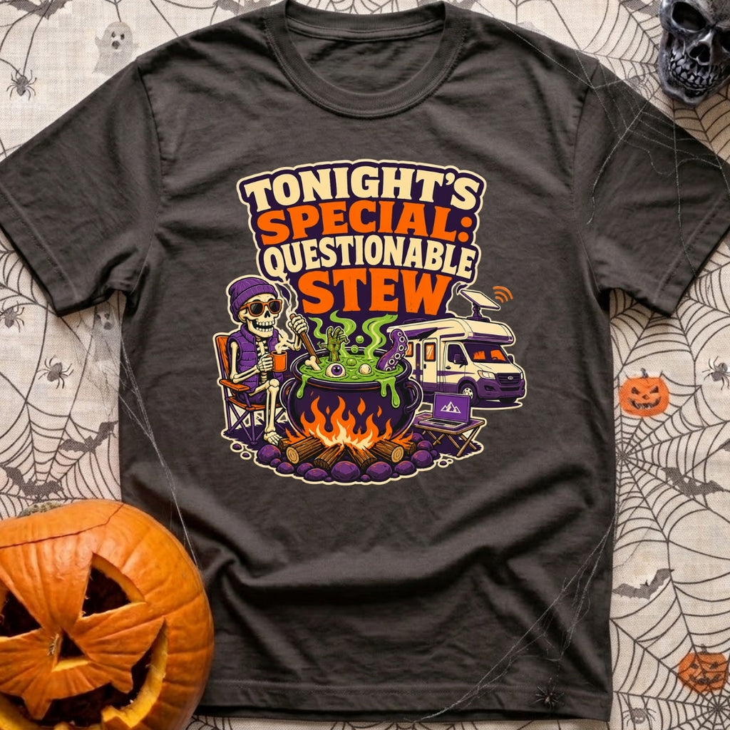 Tonights Questionable Stew - T-Shirt in Graphite - A cartoon skeleton wearing a beanie and vest sits in a camp chair...