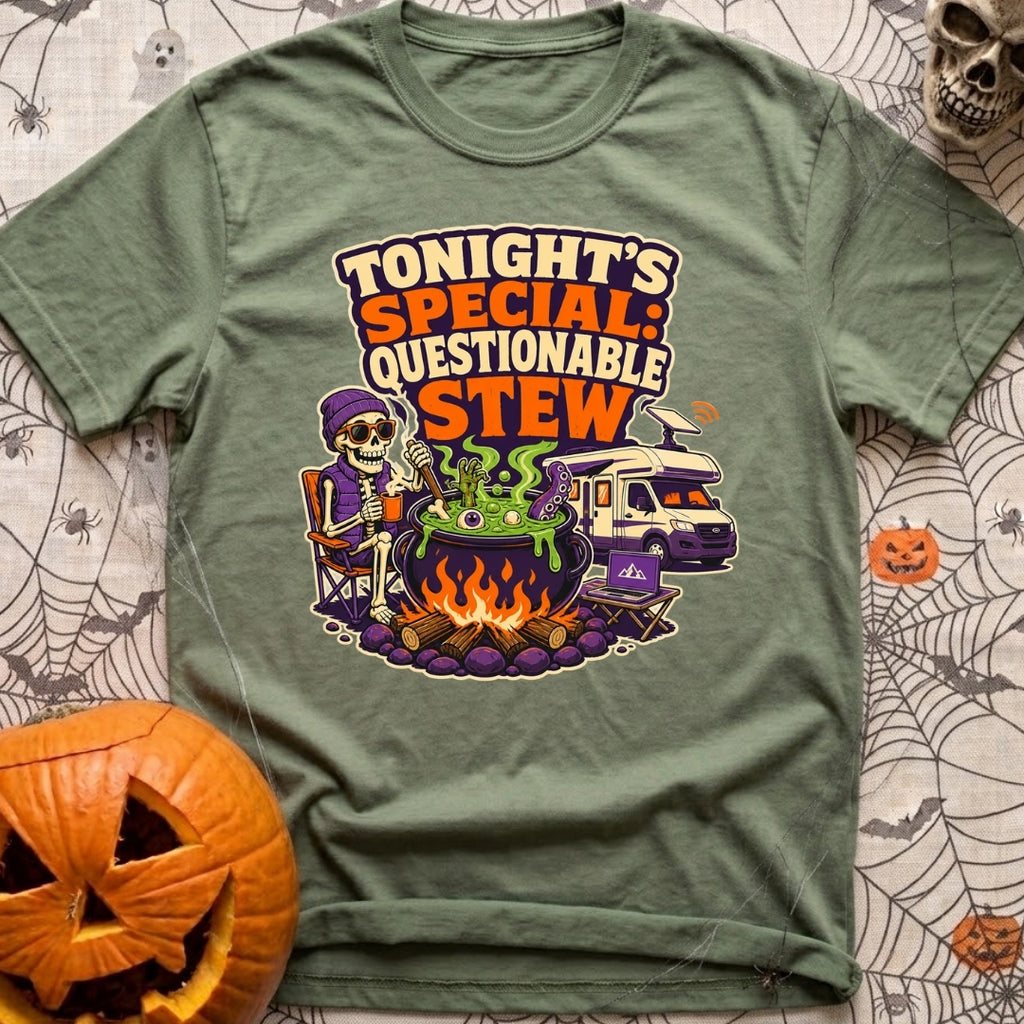 Tonights Questionable Stew - T-Shirt in Moss - A cartoon skeleton wearing a beanie and vest sits in a camp chair holding...