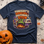 Tonights Questionable Stew - T-Shirt in Navy - A cartoon skeleton wearing a beanie and vest sits in a camp chair holding...