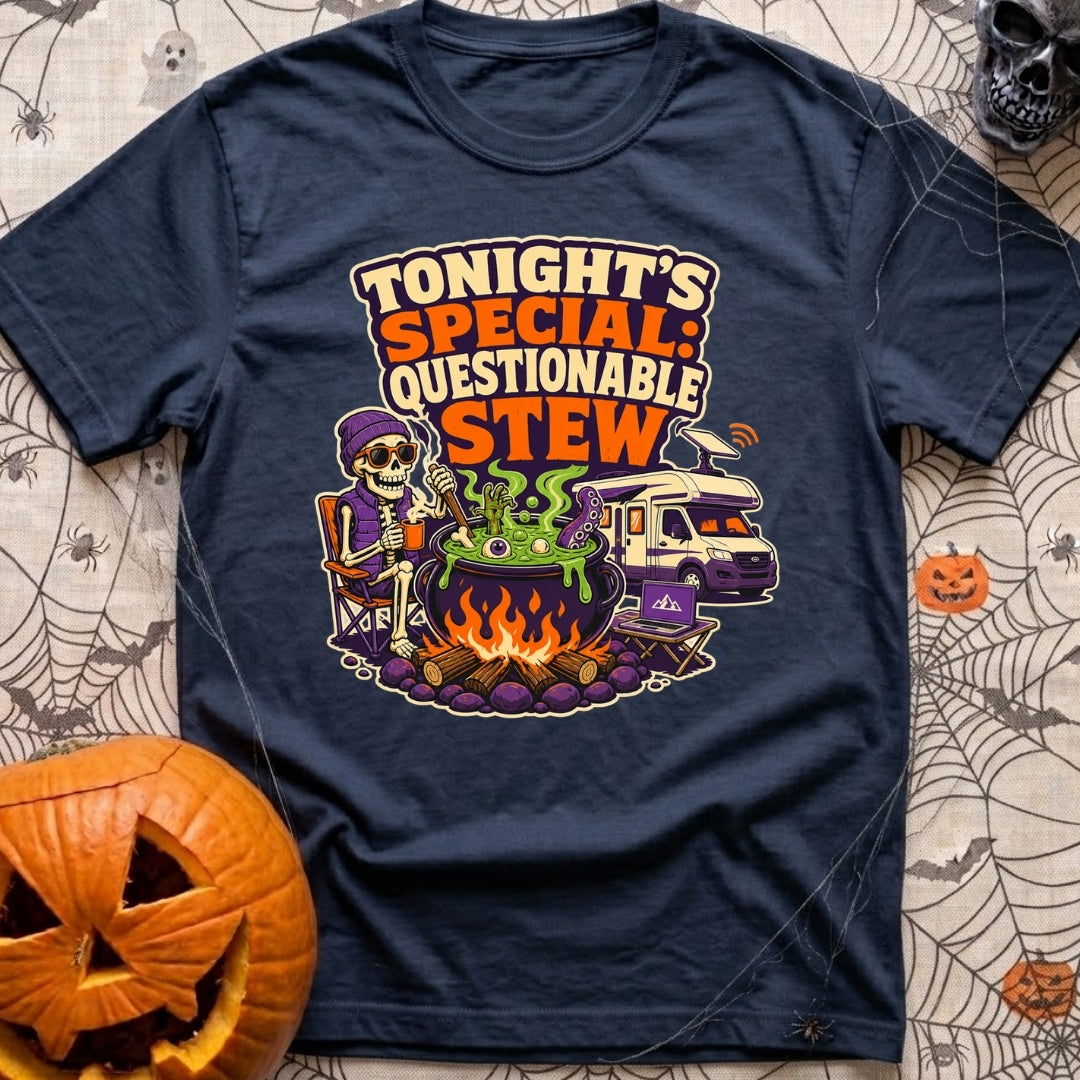 Tonights Questionable Stew - T-Shirt in Navy - A cartoon skeleton wearing a beanie and vest sits in a camp chair holding...