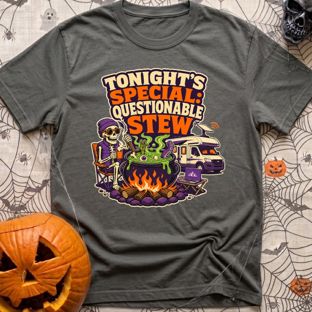 Tonights Questionable Stew - T-Shirt in Pepper - A cartoon skeleton wearing a beanie and vest sits in a camp chair...