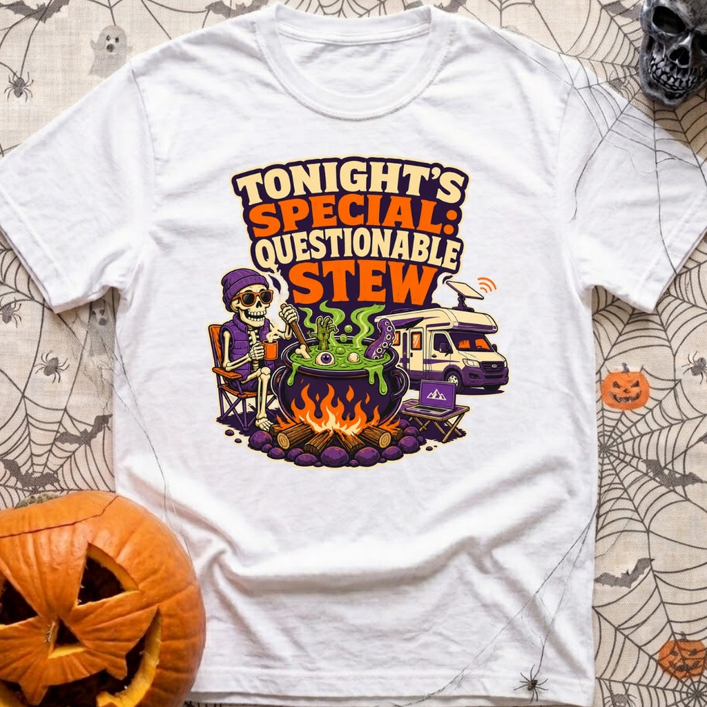 Tonights Questionable Stew - T-Shirt in White - A cartoon skeleton wearing a beanie and vest sits in a camp chair holding...