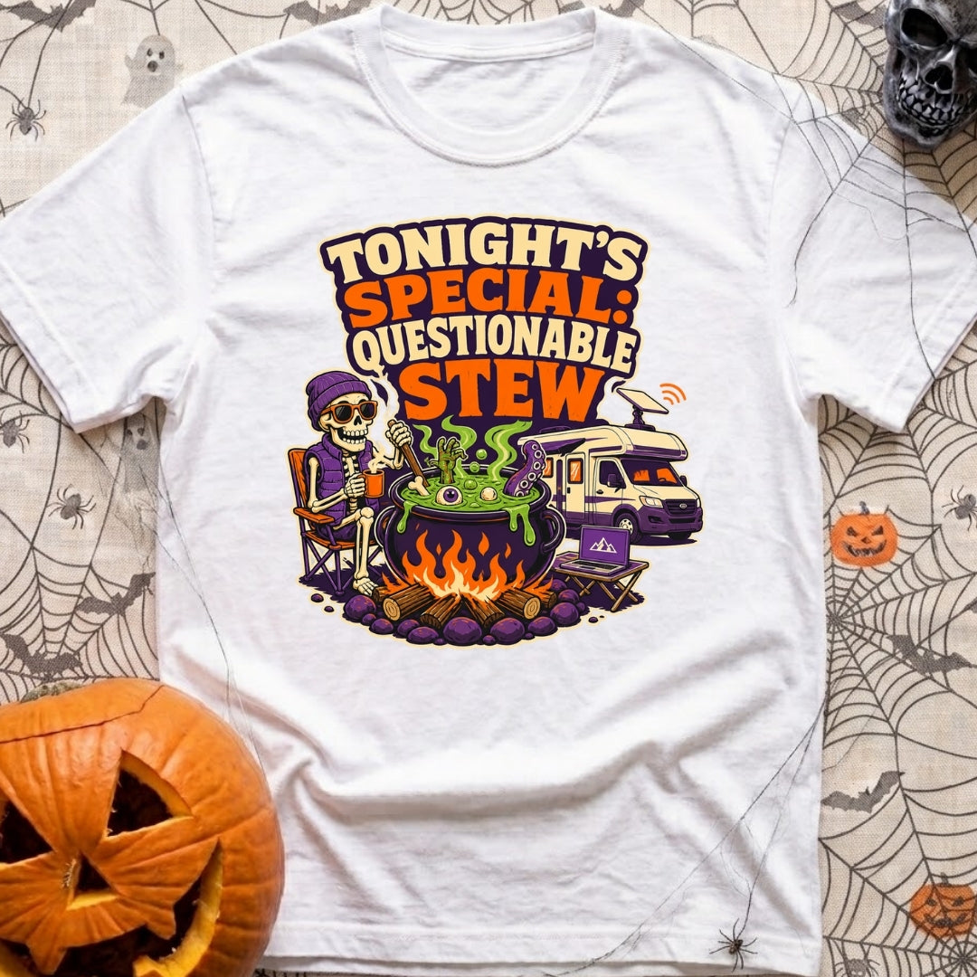 Tonights Questionable Stew - T-Shirt in White - A cartoon skeleton wearing a beanie and vest sits in a camp chair holding...