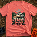 Too Old For Meetings - T-Shirt in Watermelon - A camper van with a tilted solar panel on its roof parked next to a green...