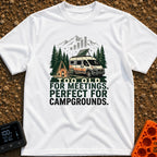 Too Old For Meetings - T-Shirt in White - A camper van with a tilted solar panel on its roof parked next to a green tent,...