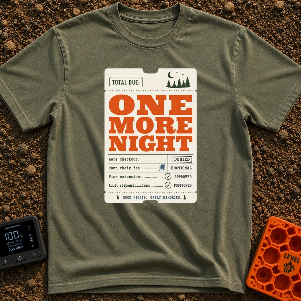 Total Due Another Night - T-Shirt in Moss - A graphic designed to look like a vintage receipt or ticket with pine trees...