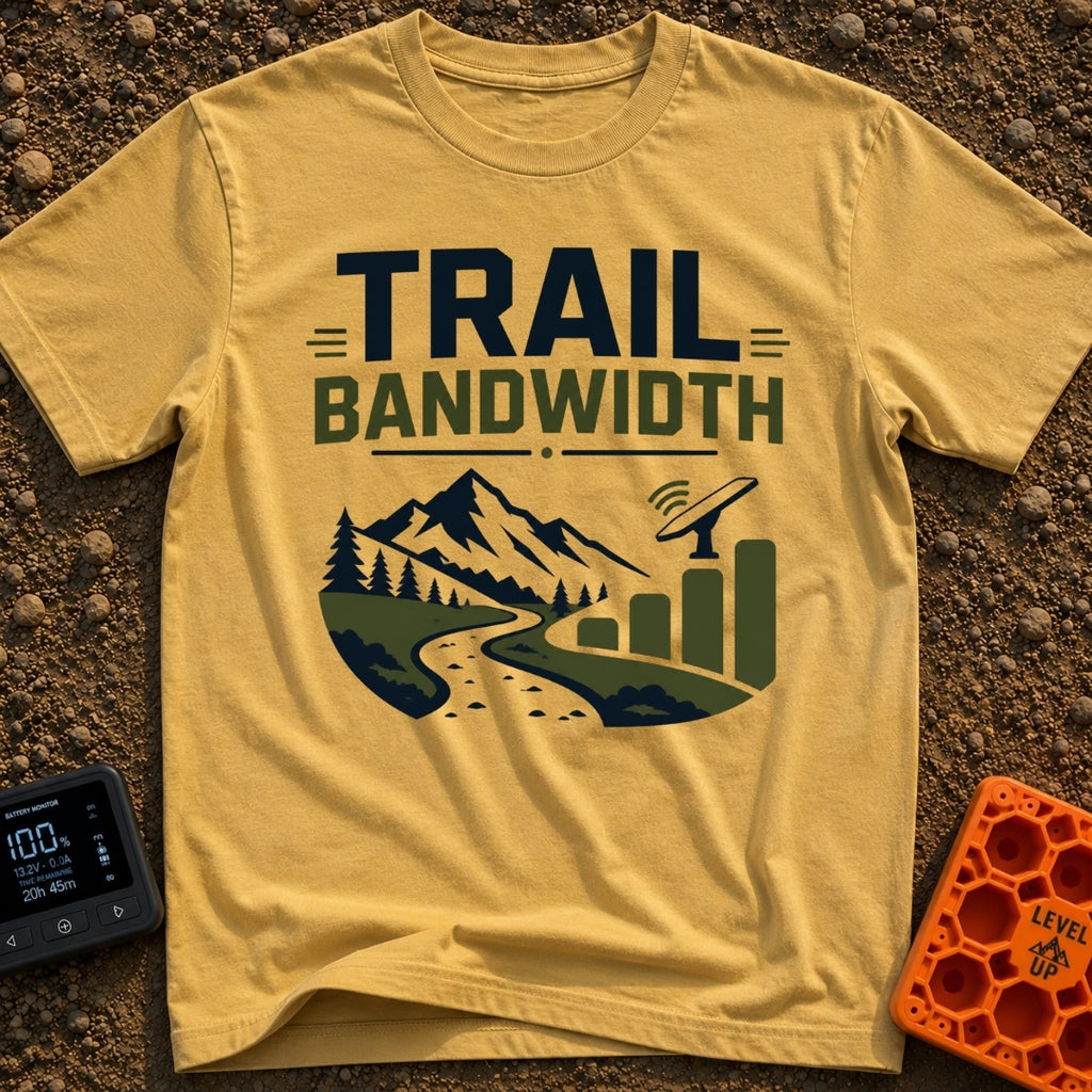 Nature Is My Hotspot - T-Shirt in Mustard - A graphic design featuring the text "TRAIL BANDWIDTH" above a landscape of a...