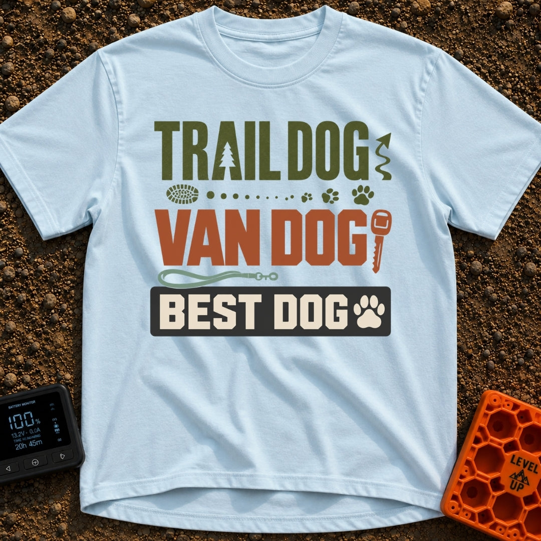 Trail Dog Best Dog - T-Shirt in Chambray - A typographic design reading "TRAIL DOG", "VAN DOG", and "BEST DOG" stacked...
