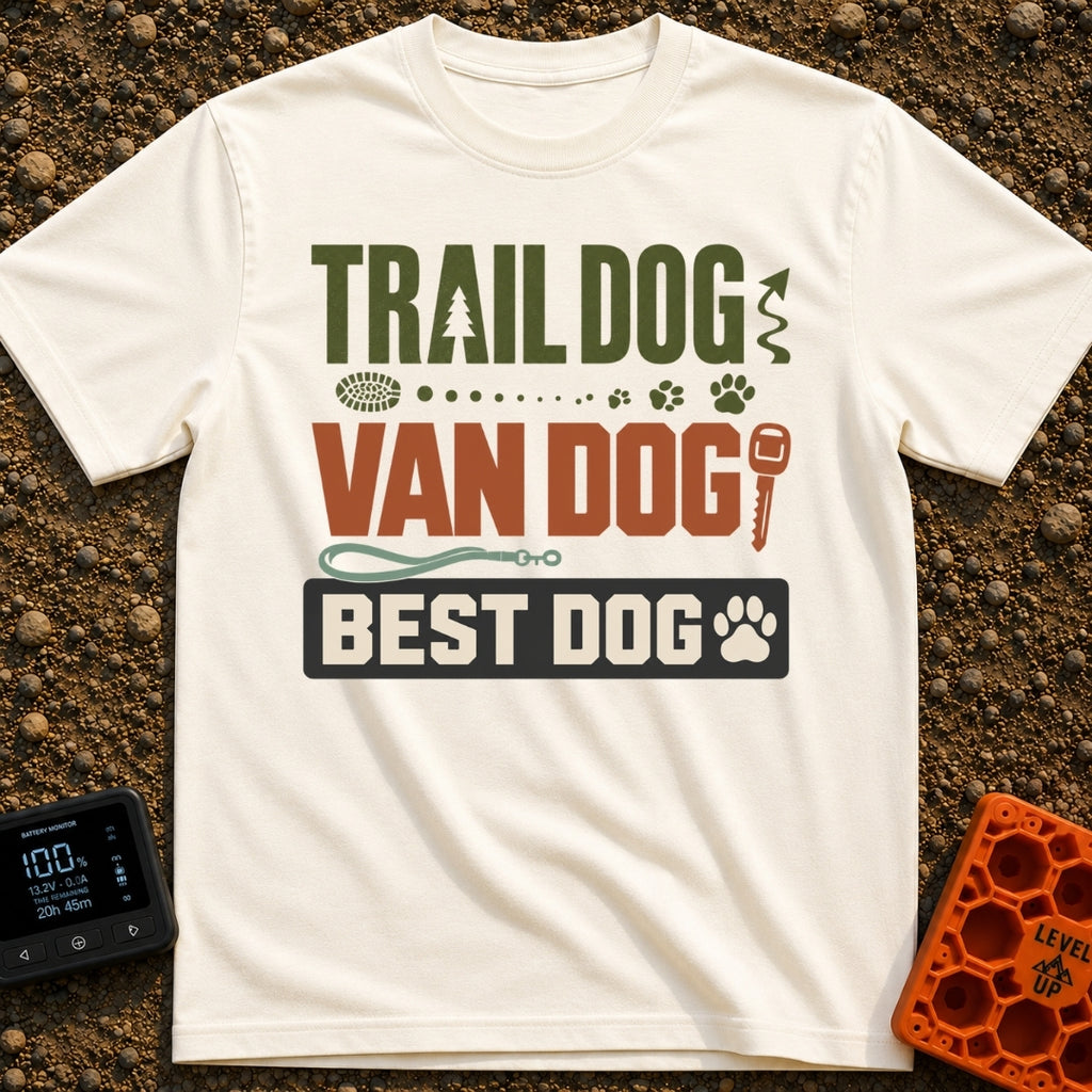 Trail Dog Best Dog - T-Shirt in Ivory - A typographic design reading "TRAIL DOG", "VAN DOG", and "BEST DOG" stacked...