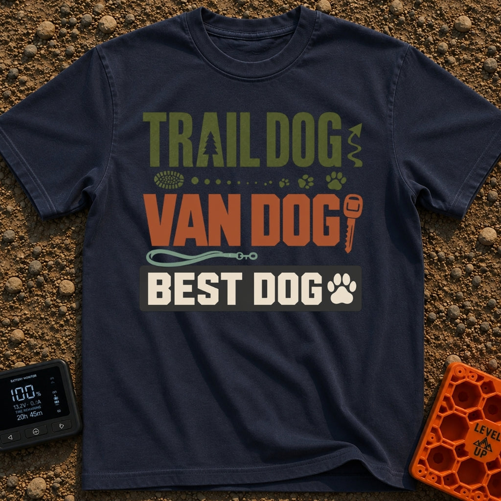 Trail Dog Best Dog - T-Shirt in Navy - A typographic design reading "TRAIL DOG", "VAN DOG", and "BEST DOG" stacked...