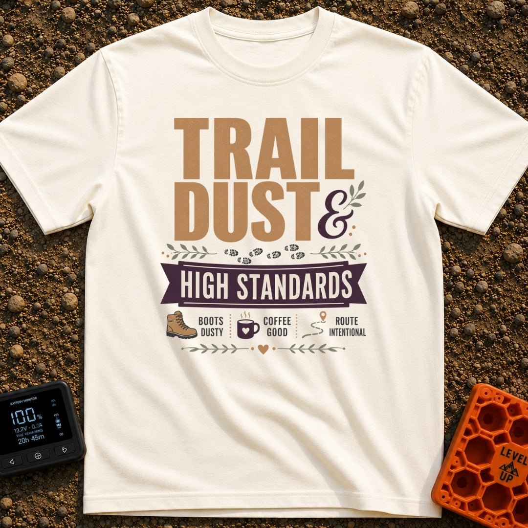 Dust And High Standards - T-Shirt in Ivory - Typographic design reading "TRAIL DUST & HIGH STANDARDS" over a banner,...