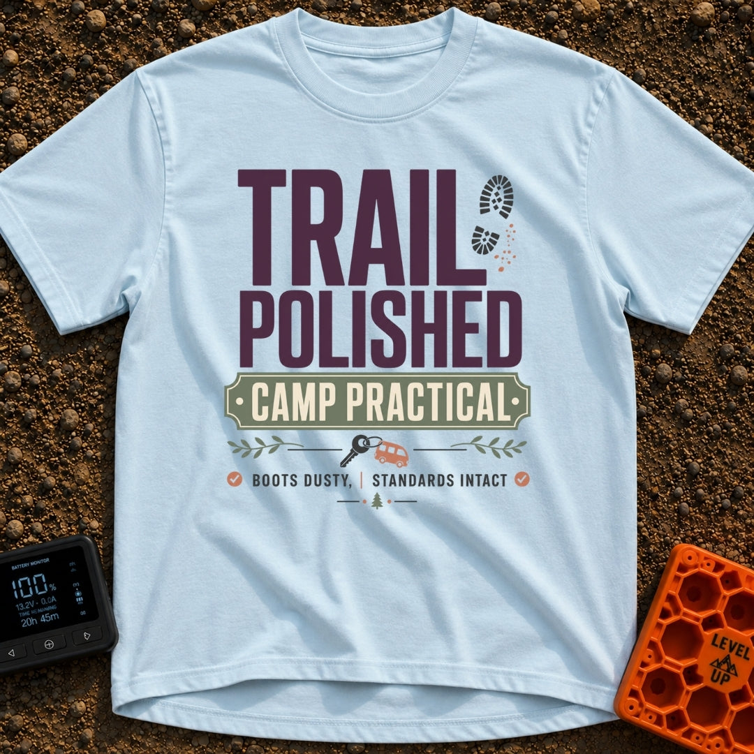 Polished Yet Practical - T-Shirt in Chambray - A typography-based design featuring the text "TRAIL POLISHED" and "CAMP...
