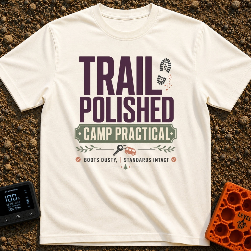 Polished Yet Practical - T-Shirt in Ivory - A typography-based design featuring the text "TRAIL POLISHED" and "CAMP...