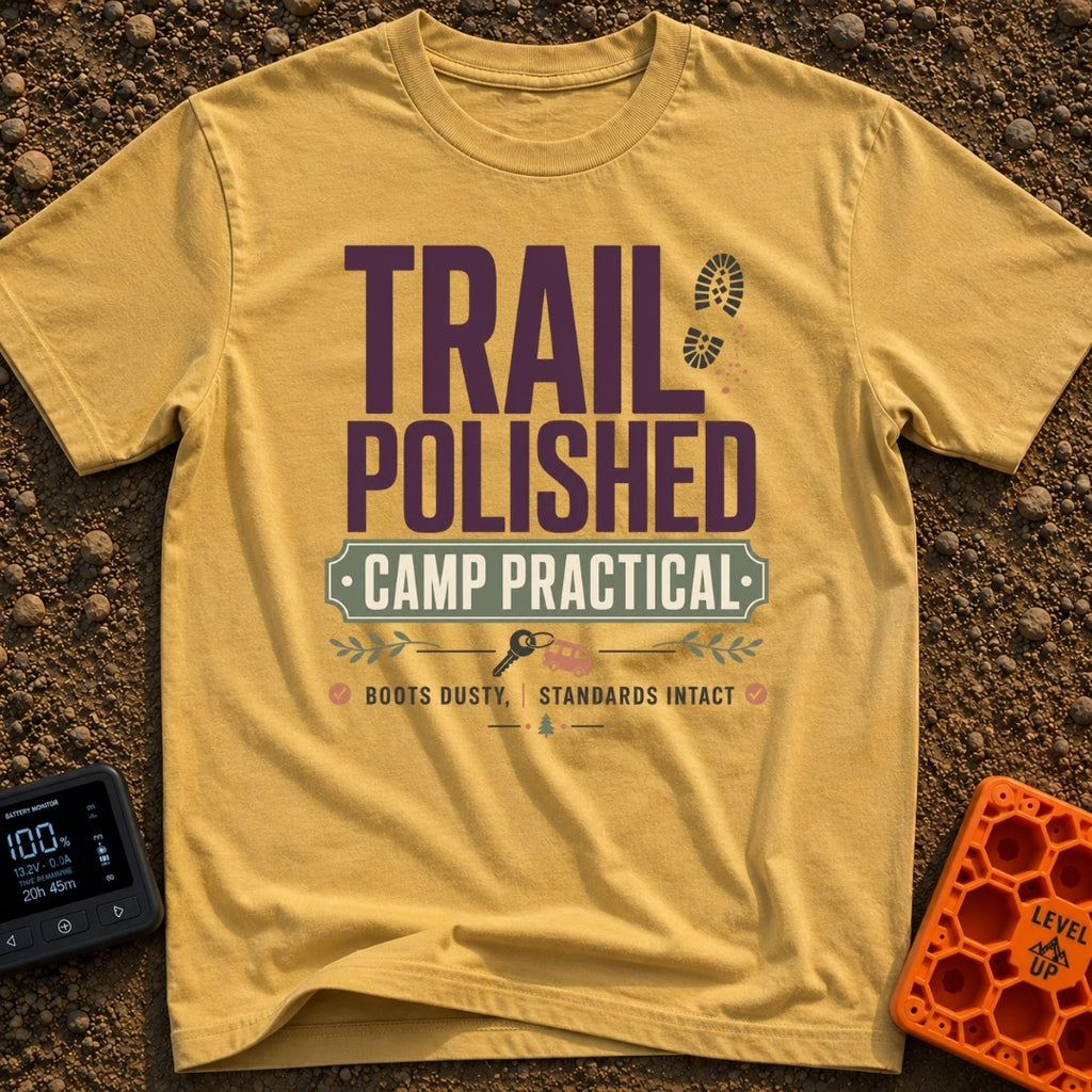 Polished Yet Practical - T-Shirt in Mustard - A typography-based design featuring the text "TRAIL POLISHED" and "CAMP...
