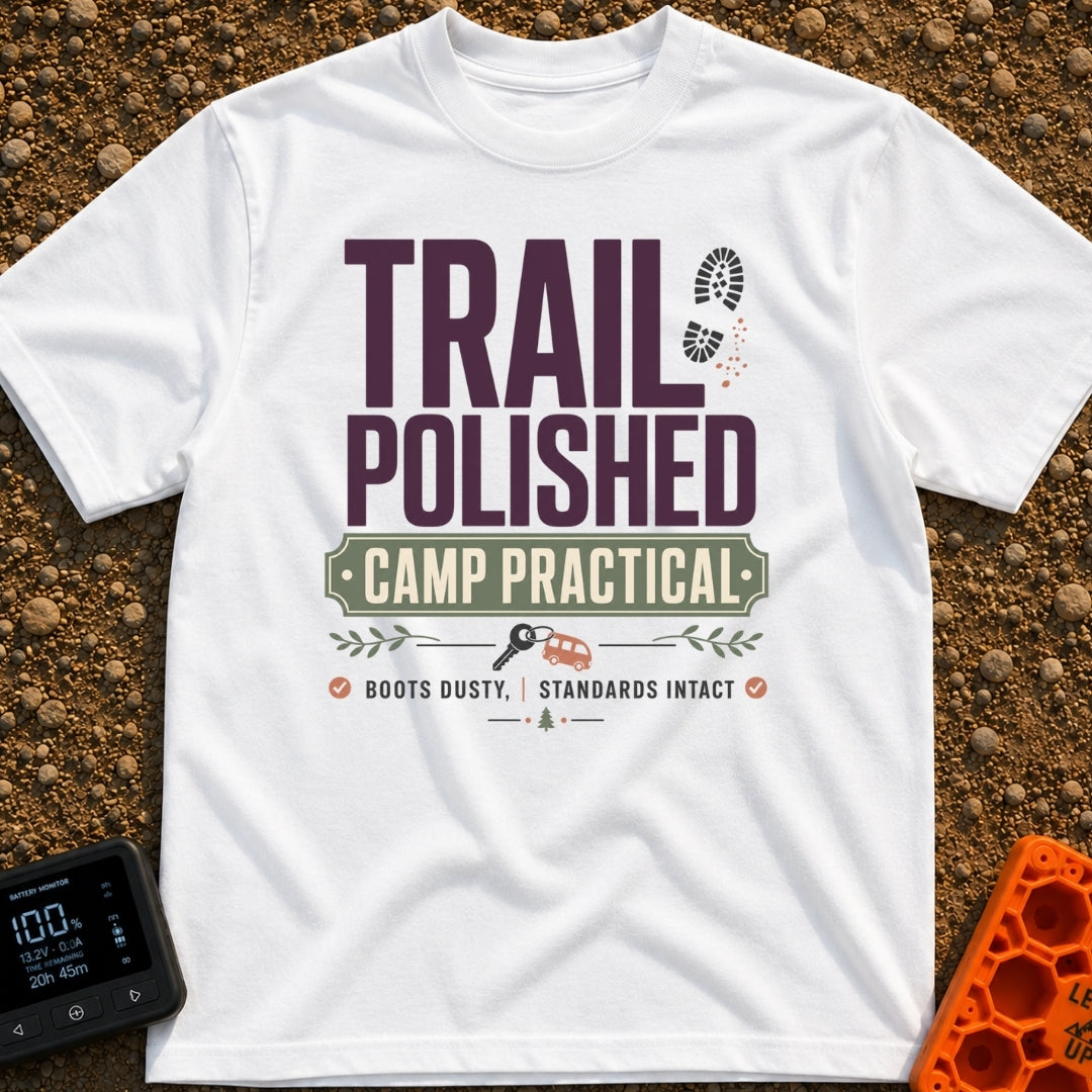 Polished Yet Practical - T-Shirt in White - A typography-based design featuring the text "TRAIL POLISHED" and "CAMP...