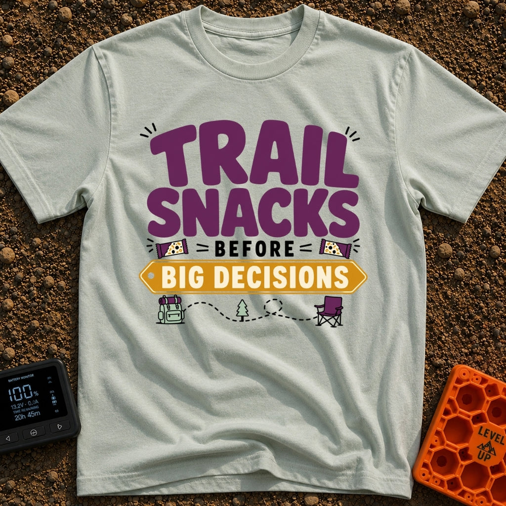 Snacks Before Big Decisions - T-Shirt in Bay - A graphic design featuring the text 'TRAIL SNACKS BEFORE BIG DECISIONS'...