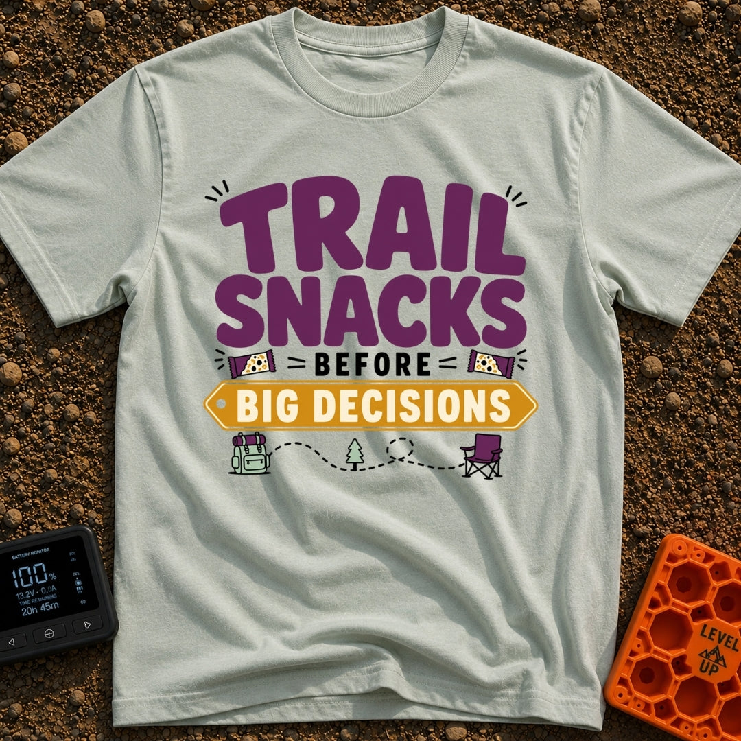 Snacks Before Big Decisions - T-Shirt in Bay - A graphic design featuring the text 'TRAIL SNACKS BEFORE BIG DECISIONS'...