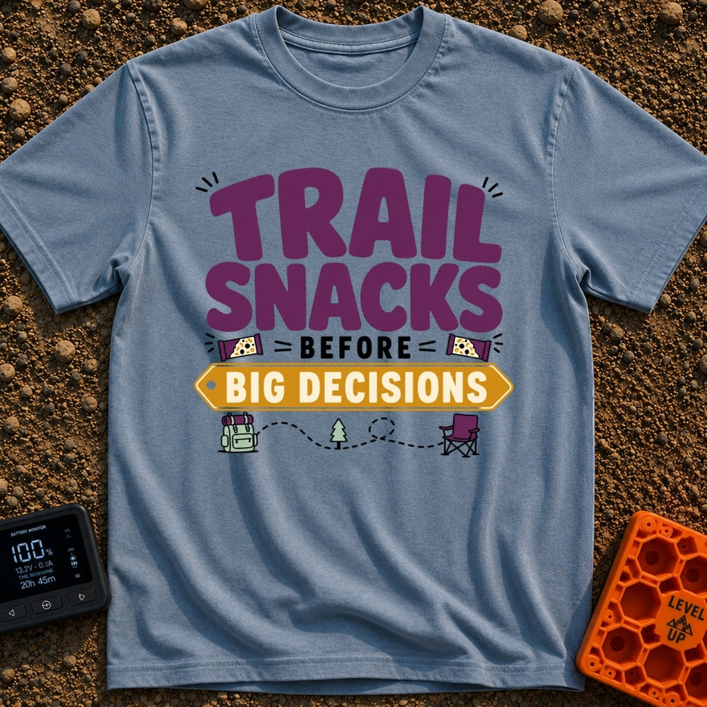 Snacks Before Big Decisions - T-Shirt in Blue Jean - A graphic design featuring the text 'TRAIL SNACKS BEFORE BIG...