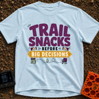 Snacks Before Big Decisions - T-Shirt in Chambray - A graphic design featuring the text 'TRAIL SNACKS BEFORE BIG...
