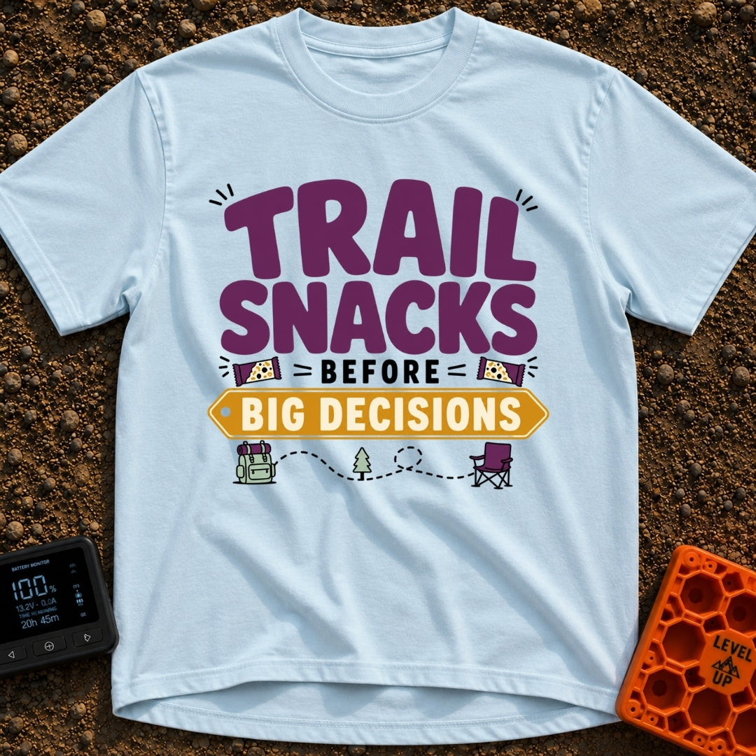 Snacks Before Big Decisions - T-Shirt in Chambray - A graphic design featuring the text 'TRAIL SNACKS BEFORE BIG...