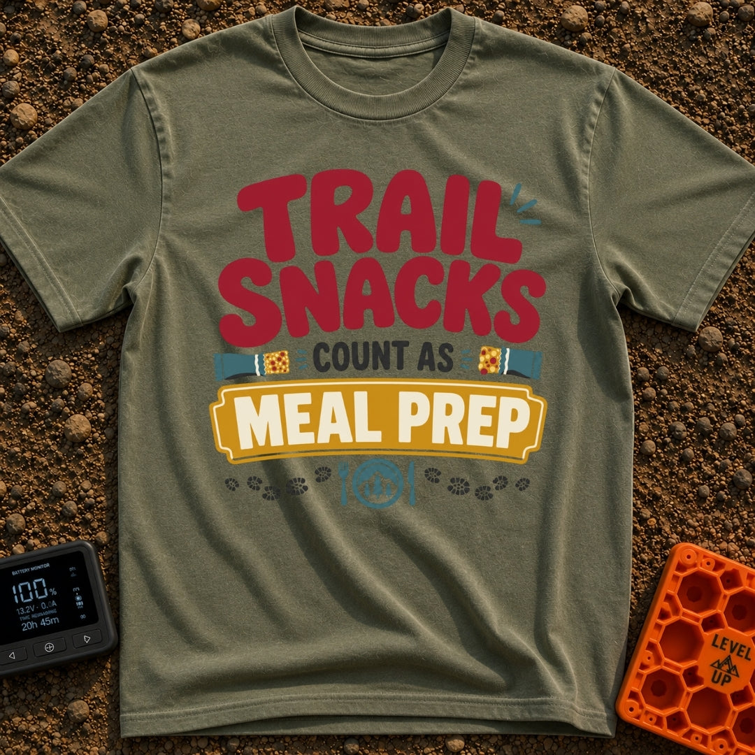 Snacks Are Meal Prep - T-Shirt in Moss - A typographic design reading "TRAIL SNACKS COUNT AS MEAL PREP" surrounded by...