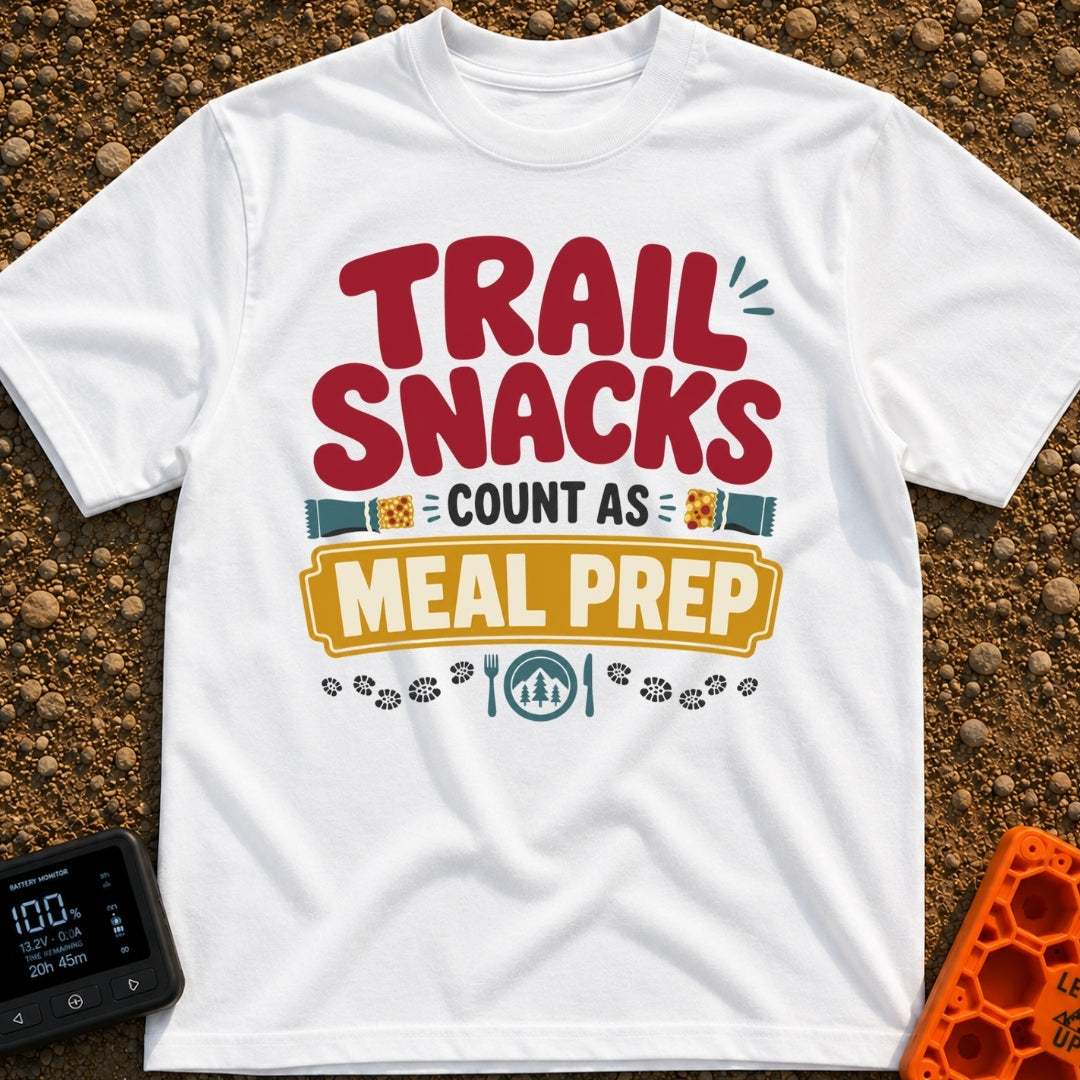 Snacks Are Meal Prep - T-Shirt in White - A typographic design reading "TRAIL SNACKS COUNT AS MEAL PREP" surrounded by...
