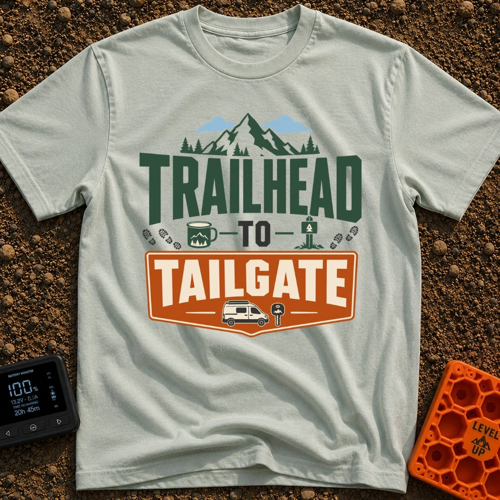 Peaks To Pints - T-Shirt in Bay - The typographic design reads "TRAILHEAD TO TAILGATE" surrounded by various outdoor and...
