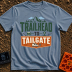 Peaks To Pints - T-Shirt in Blue Jean - The typographic design reads "TRAILHEAD TO TAILGATE" surrounded by various...