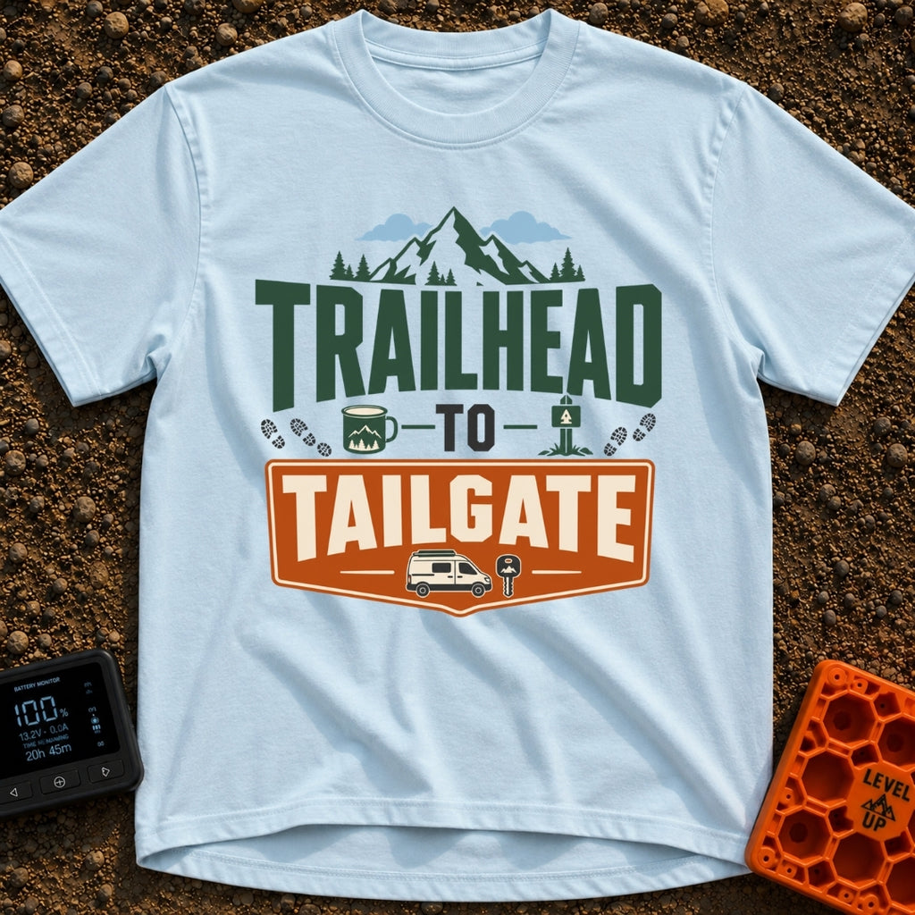 Peaks To Pints - T-Shirt in Chambray - The typographic design reads "TRAILHEAD TO TAILGATE" surrounded by various outdoor...