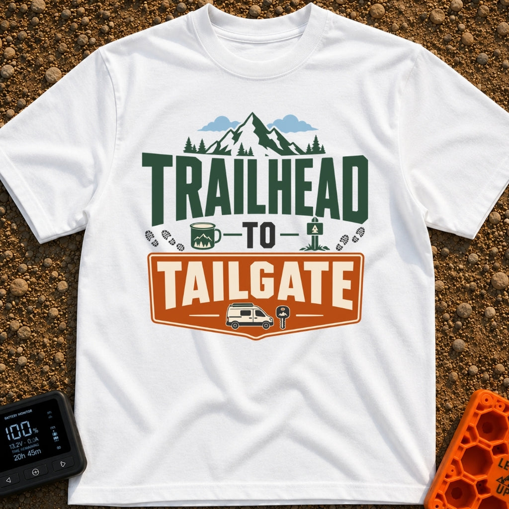 Peaks To Pints - T-Shirt in White - The typographic design reads "TRAILHEAD TO TAILGATE" surrounded by various outdoor...