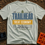 Treats Per Mile - T-Shirt in Bay - A typographic design featuring the text "TRAILHEAD TREAT ECONOMY" and "Payment due...