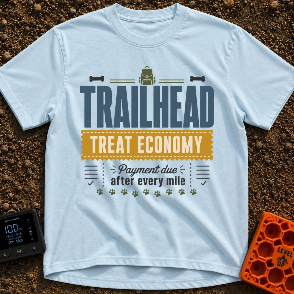 Treats Per Mile - T-Shirt in Chambray - A typographic design featuring the text "TRAILHEAD TREAT ECONOMY" and "Payment...