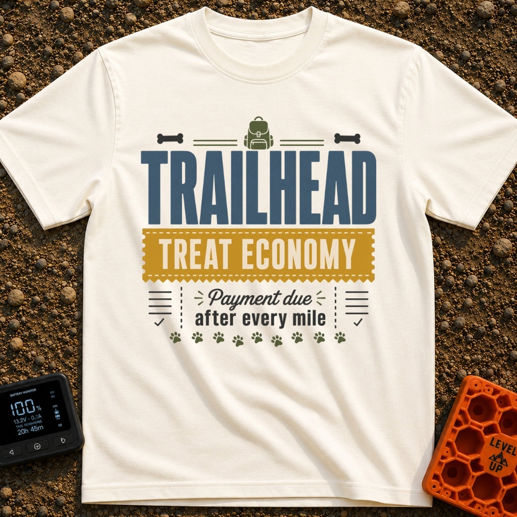 Treats Per Mile - T-Shirt in Ivory - A typographic design featuring the text "TRAILHEAD TREAT ECONOMY" and "Payment due...